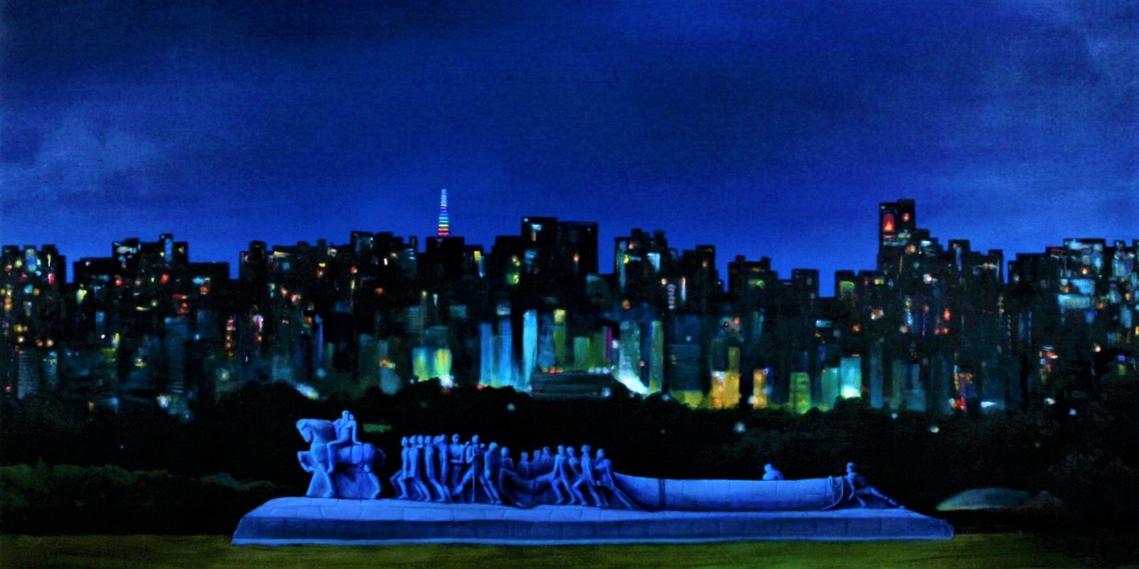 Pintura de São Paulo à noite, com o Monumento às Bandeiras